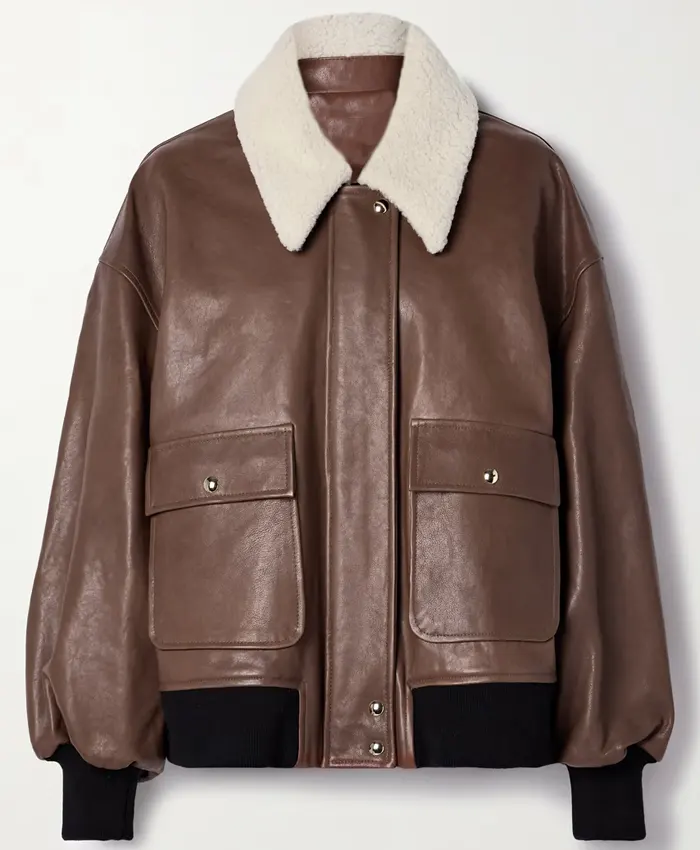 Eddie Shearling Collar Brown Leather Bomber Jacket