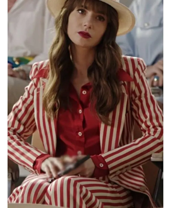 Emily In Paris S04 Lily Collins Red And White Striped Suit