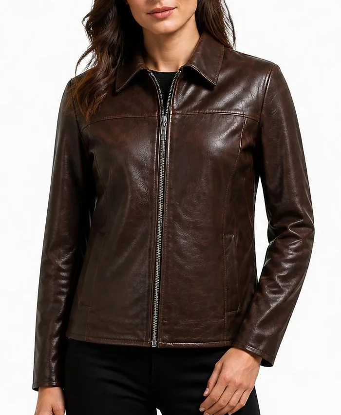 Emily Ratajkowski NYC Brown Leather Jacket Womens