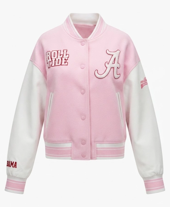 Fanatics x LoveShackFancy The University of Alabama Collegiate Pink and White Fleece Varsity Jacket
