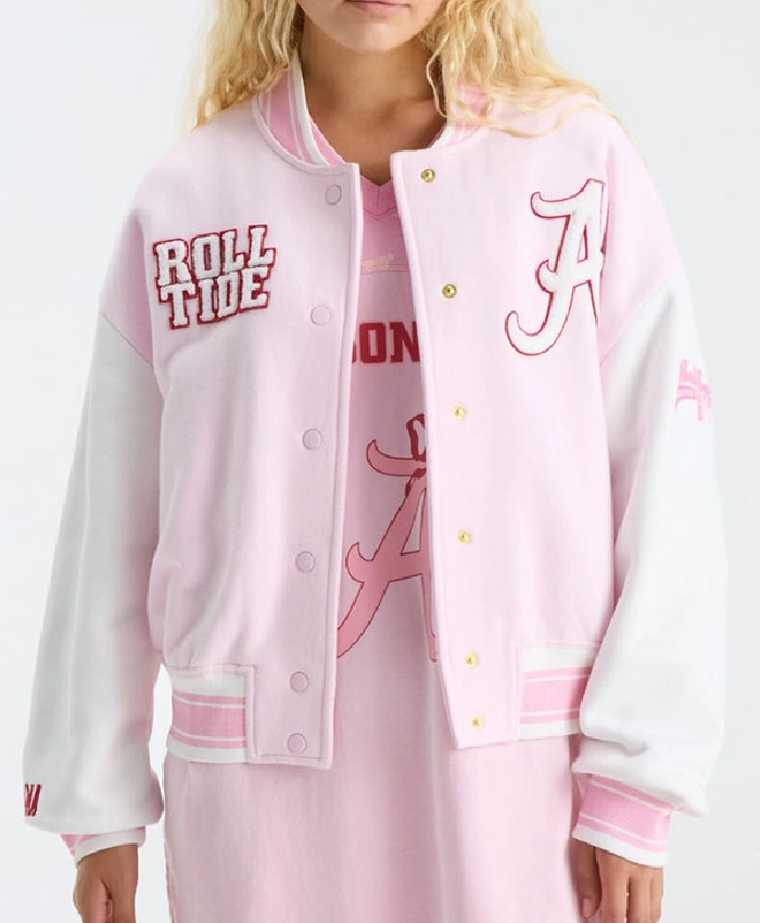 Fanatics x LoveShackFancy The University of Alabama Collegiate Pink and White Varsity Jacket
