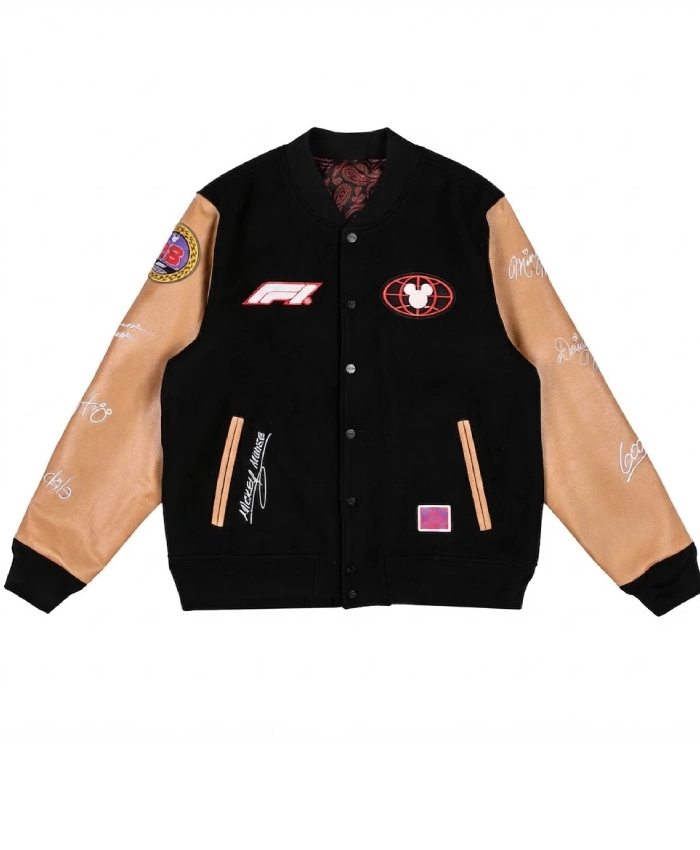 Formula 1 X Disney Black and Tan Wool Varsity Jacket