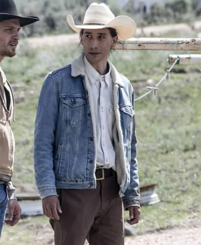 Gerald Tokala TV Series Yellowstone Sam Stands Alone Blue Jeans Sherpa Lined Denim Trucker Jacket For Sale