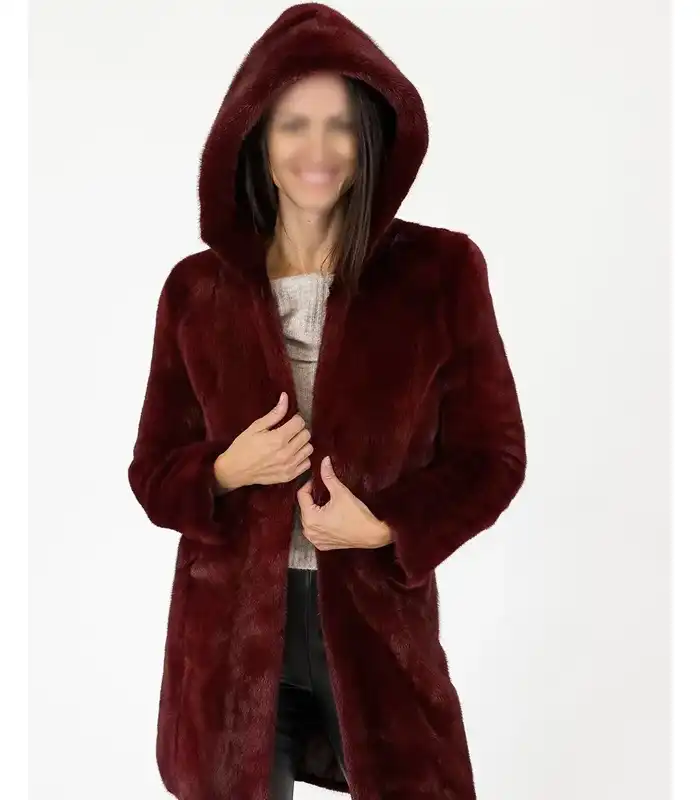 Gina Maroon Mink Fur Hooded Open Closure Coat