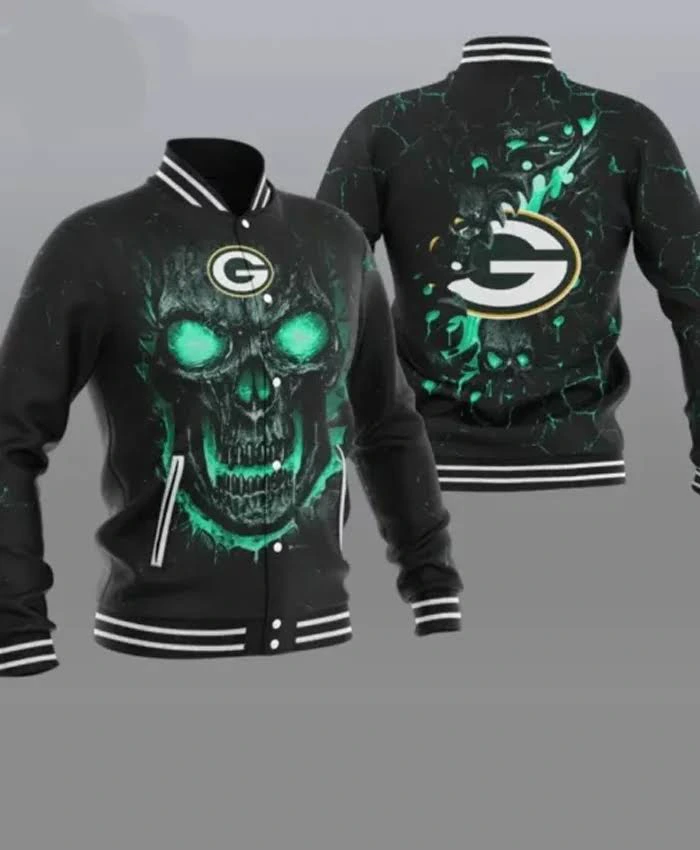 Green Bay Packers Black Fire Skull Bomber Jacket