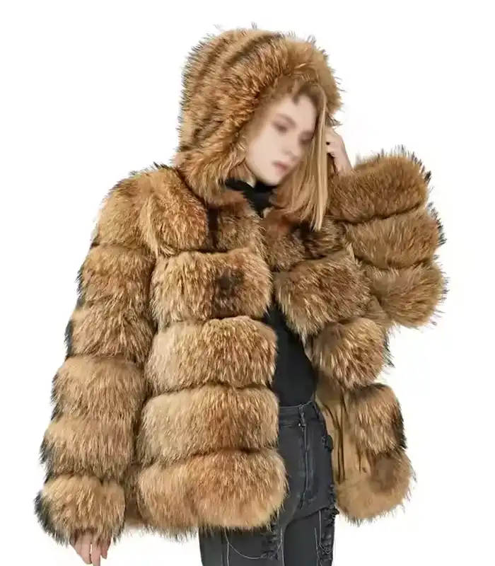 Haven Mink Fur Brown Hooded Warm Overcoat