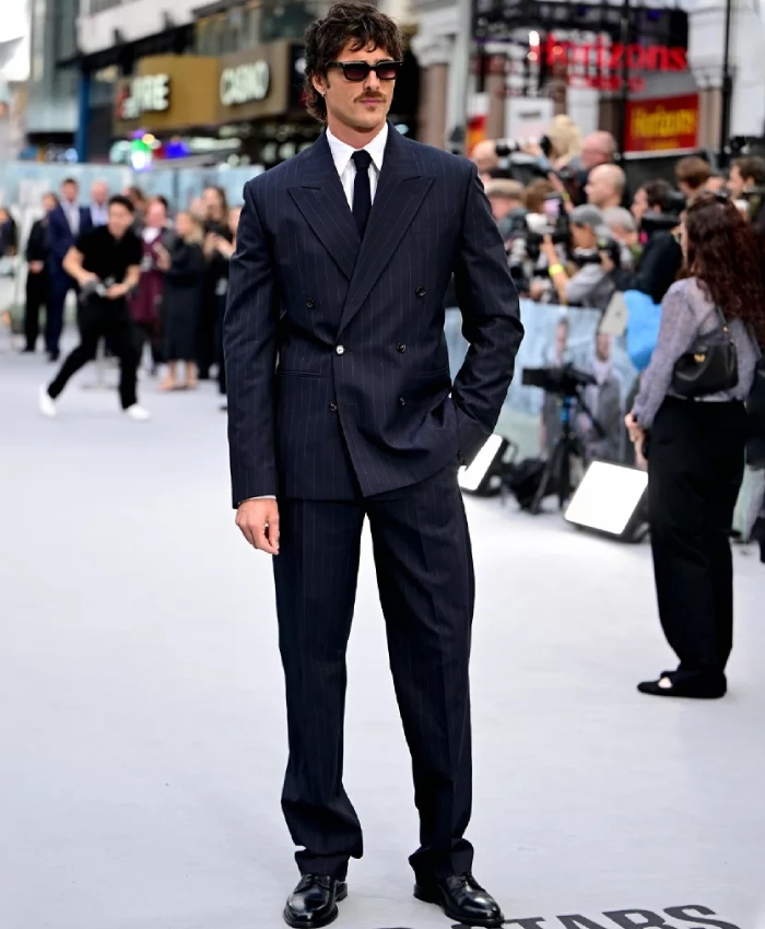 Jacob Elordi The Dog Stars 2026 Black Pinstripe Double Breasted Suit