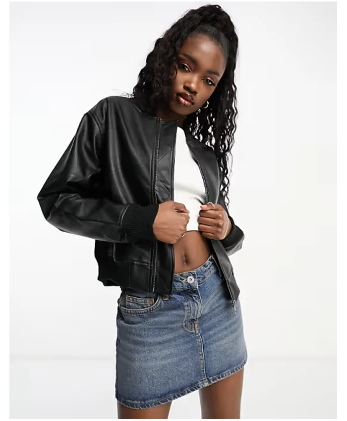 Jeana J Cotton:On PU Leather Rib Collar Black Bomber Jacket