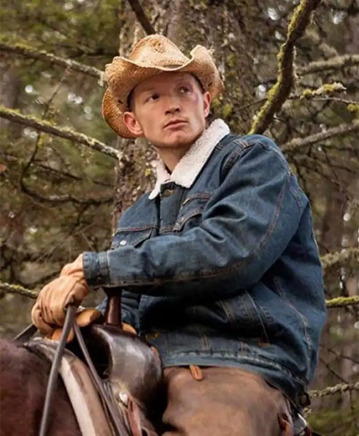 Jefferson White TV Series Yellowstone Jimmy Hurdstrom White Fur Collar Blue Jeans Denim Trucker Jacket Full
