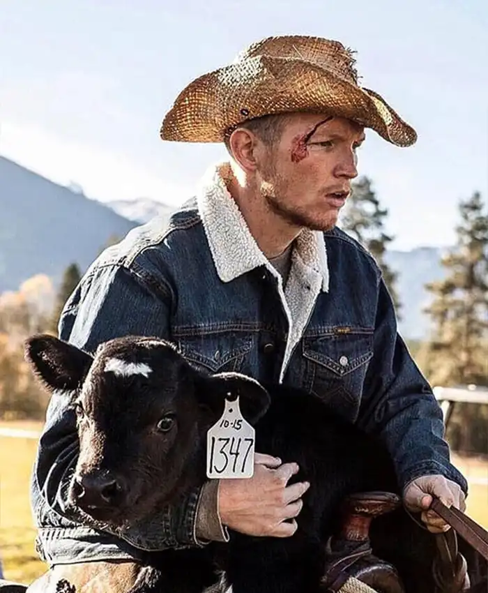 Jefferson White TV Series Yellowstone Jimmy Hurdstrom White Fur Collar Blue Jeans Denim Trucker Jacket