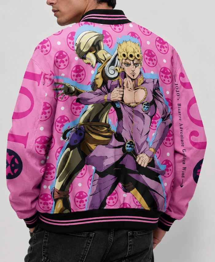 JoJos Bizarre Adventure Giorno Giovanna Full Snap Pink Varsity Jacket Sale