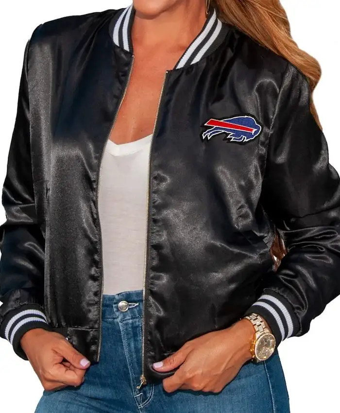 Joel Buffalo Bills Black Satin Bomber Jacket