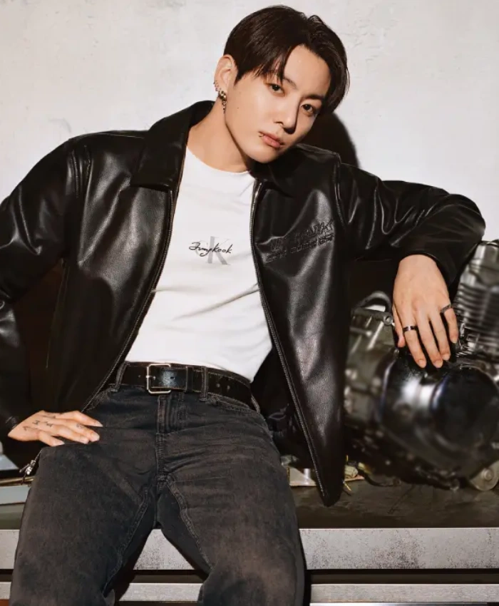 Jungkook BTS 2026 Calvin Klein Black Leather Racer Jacket