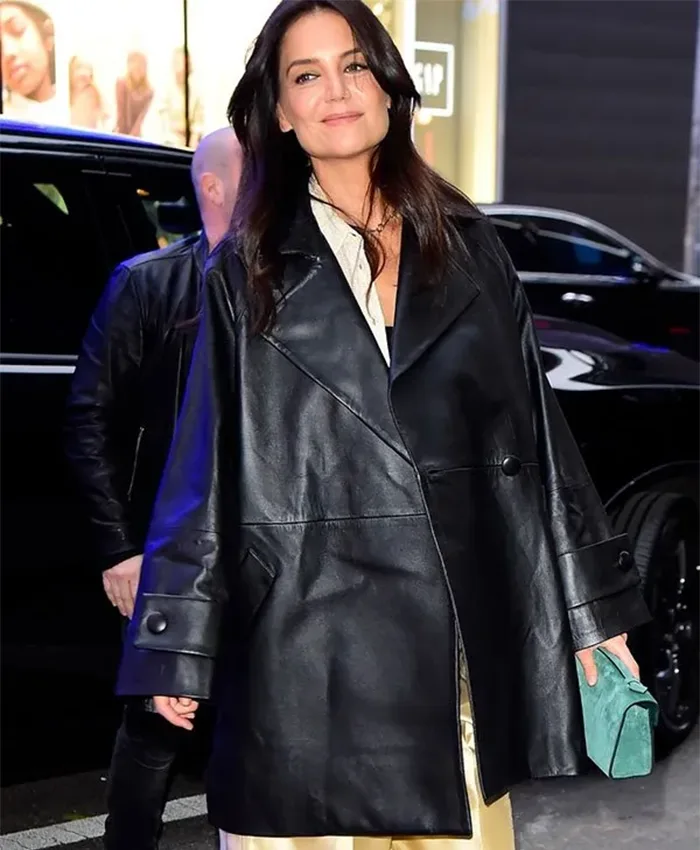 Katie Holmes Black Leather Coat
