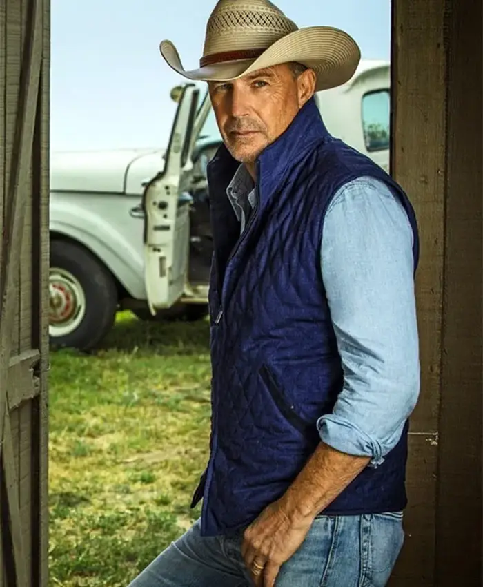 Kevin Costner Yellowstone John Dutton Diamond Quilted Blue Vest For Sale