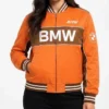 Kith x Bmw Orange Zip Up Varsity Jacket For Sale