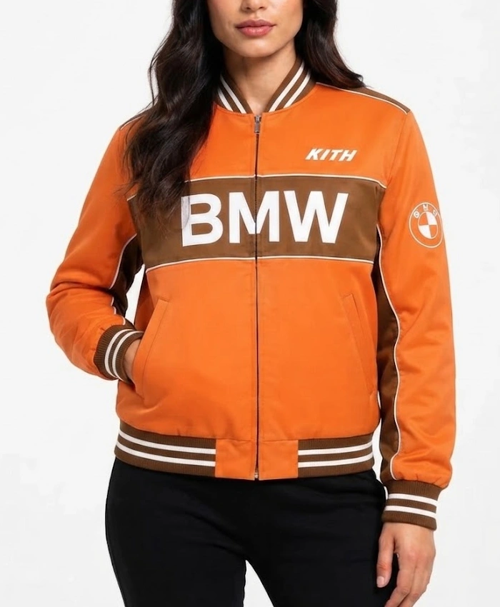 Kith x Bmw Orange Zip Up Varsity Jacket For Sale