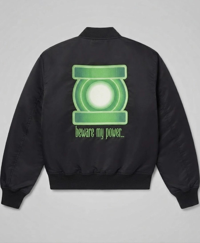 Lanterns Oath Beware My Power Black Satin Bomber Jacket