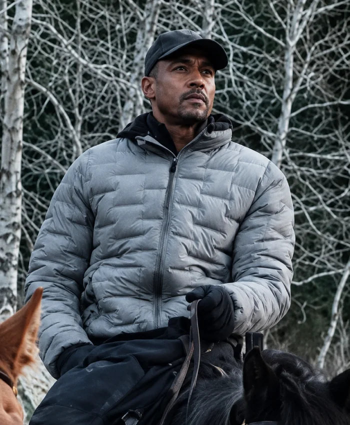 Anna Pigeon 2026 Manny Lopez Grey Puffer Jacket