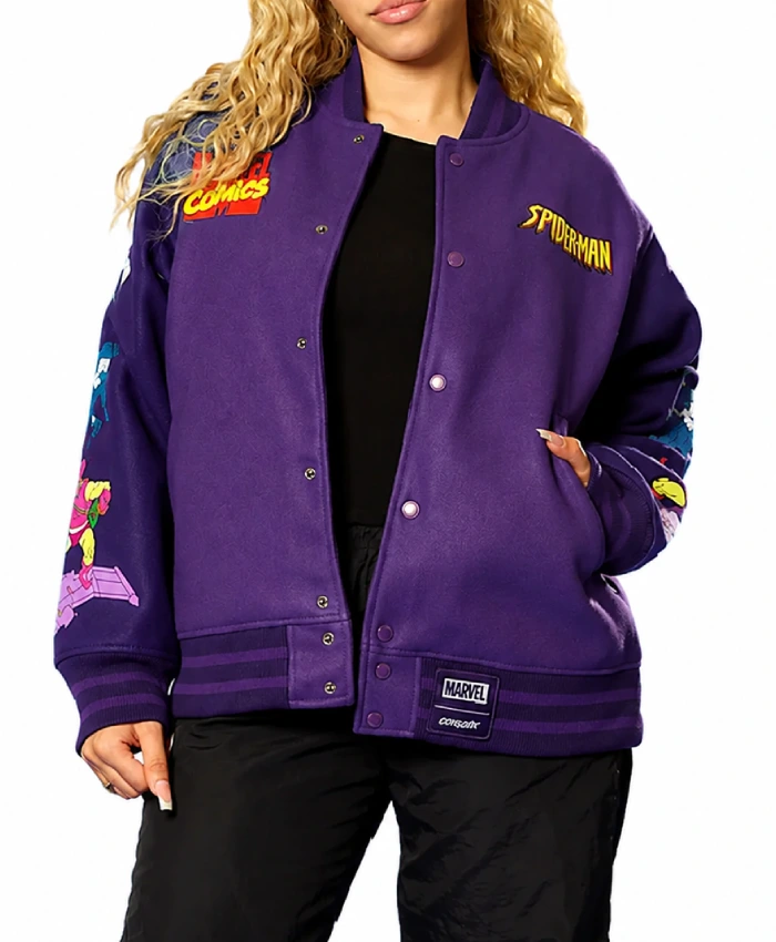 Marvel Comics Spider Man 90s Full Snap Purple Jacket