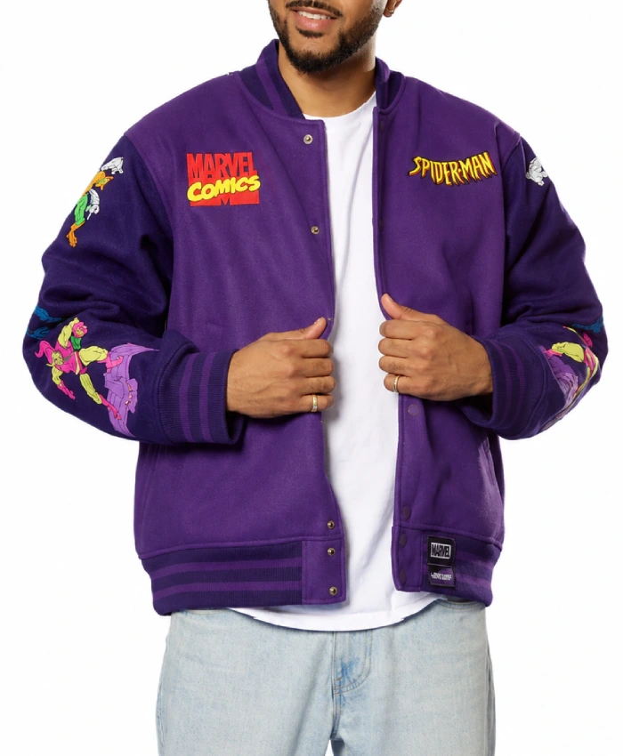 Marvel Comics Spider Man 90s Full Snap Purple Varsity Jacket