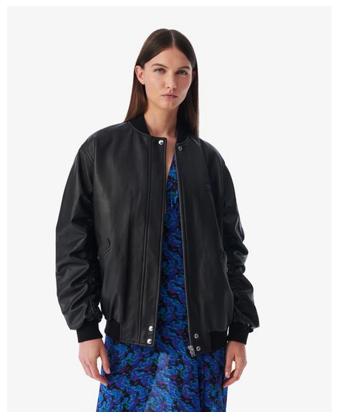 Melinda Iro Kerem Oversized Black Leather Bomber Jacket With Rib Collar