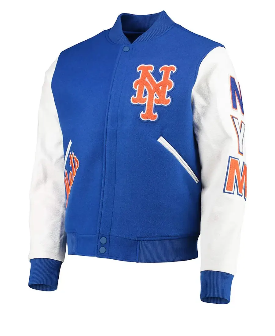 Men Retro Classic Rib New York Mets White and Blue Varsity Jacket