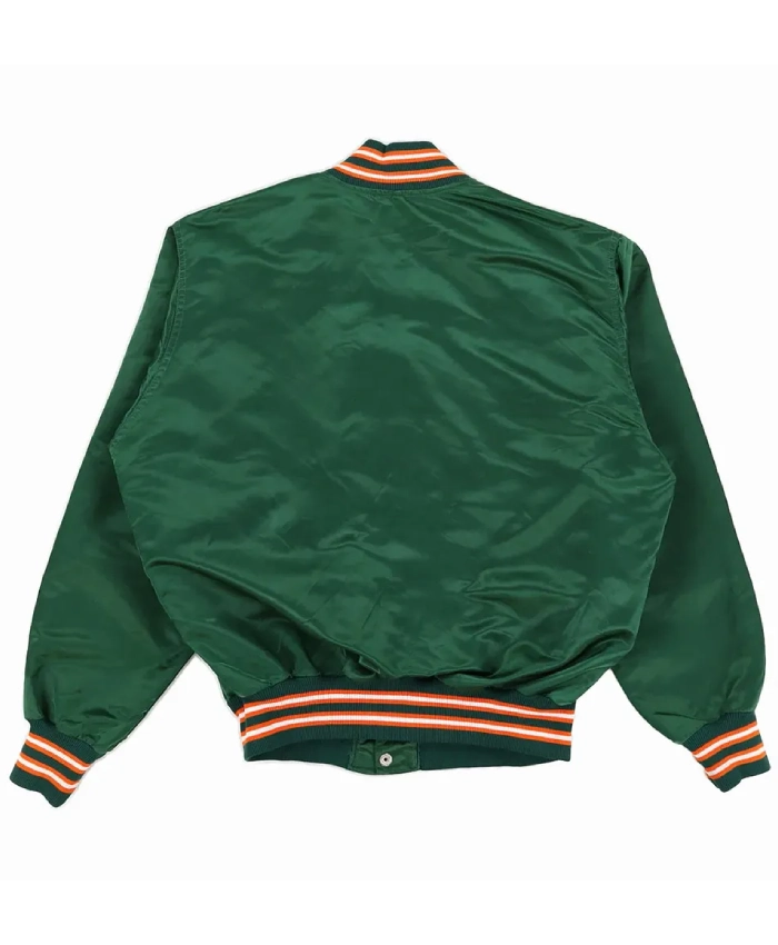 Miami Hurricanes 80s Green Satin Varsity Jacket For Sale