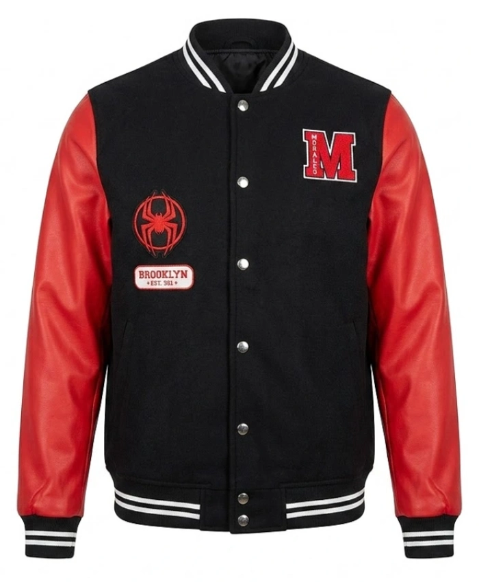 Miles Morales Black Wool with Leather Sleeves Varsity Jacket