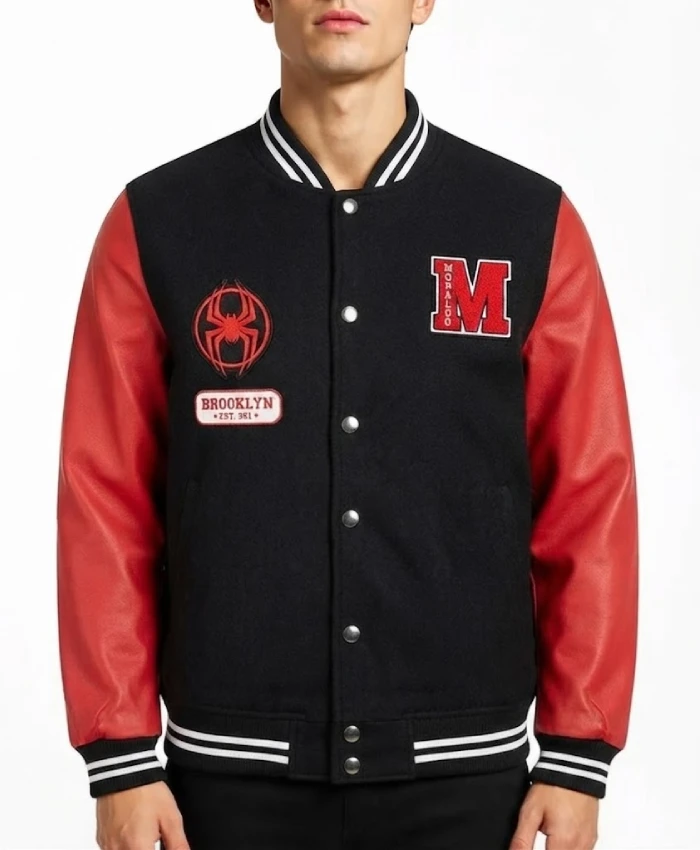 Miles Morales Black and Red Wool with Leather Sleeves Jacket