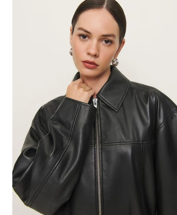 Millie Reformation Oversized Cafe Racer Black Leather Bomber Jacket