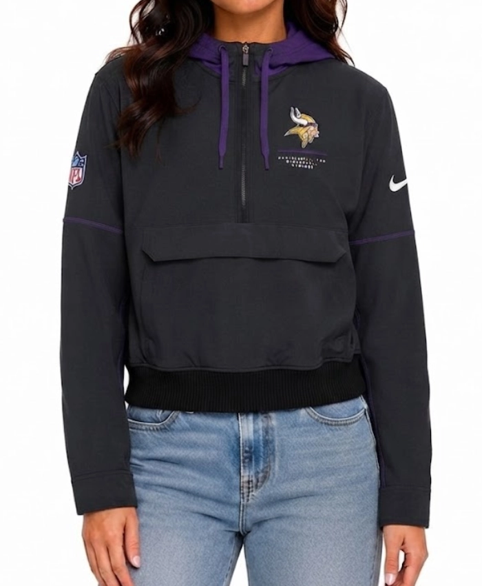 Minnesota Vikings 2026 Nike Black Sideline Logo Glory Anorak Half Zip Hooded Jacket
