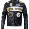 NFL Pittsburgh Steelers Black Leather Moto Jacket On Sale