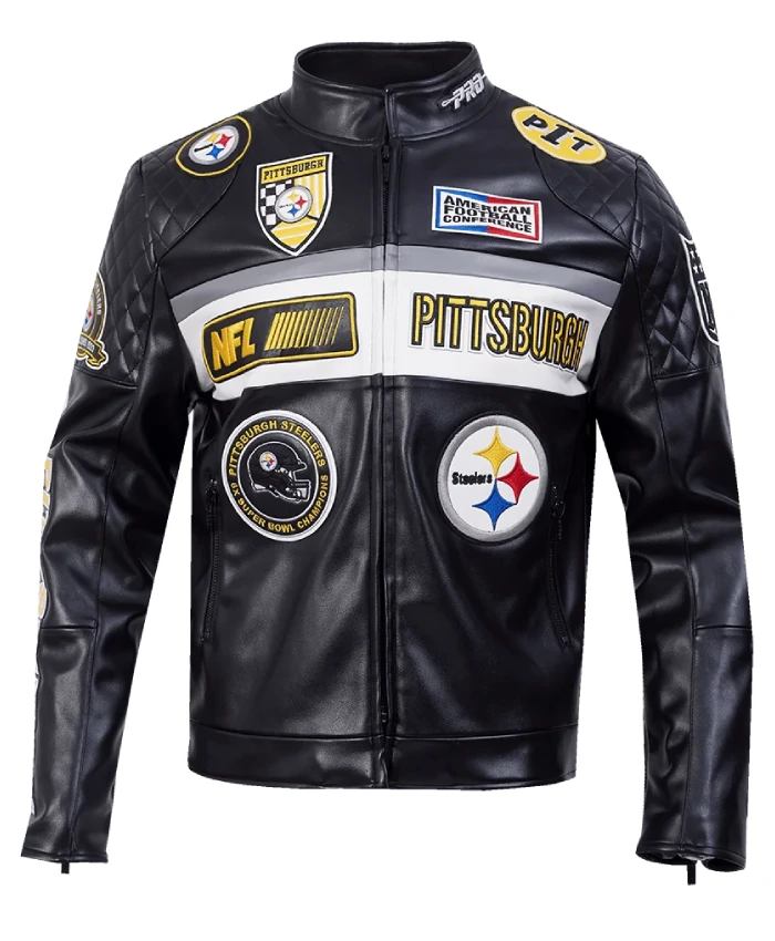 NFL Pittsburgh Steelers Black Leather Moto Jacket On Sale