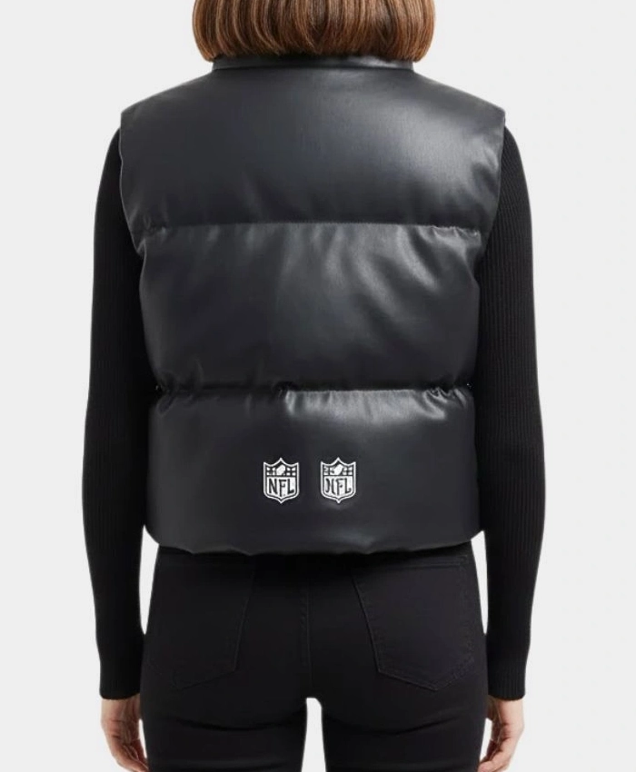 NFL San Francisco 49ers Black Cropped Leather Puffer Vest