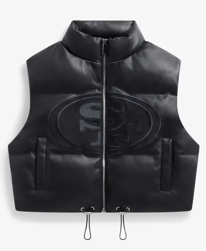 NFL San Francisco 49ers Womens Black Cropped Leather Puffer Vest