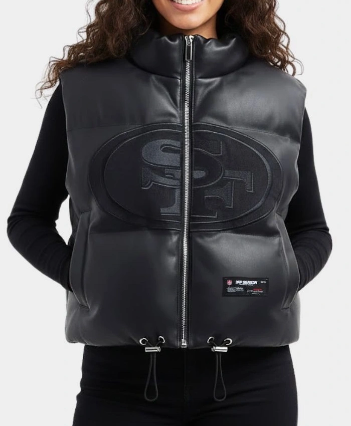 NFL San Francisco 49ers Womens Black Leather Puffer Vest