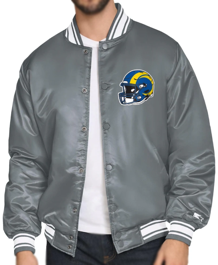 LA Rams Starter Full-Snap Grey Satin Varsity Jacket