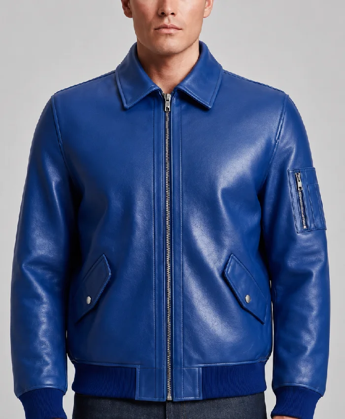 Royal Blue Leather Flight Bomber Jacket