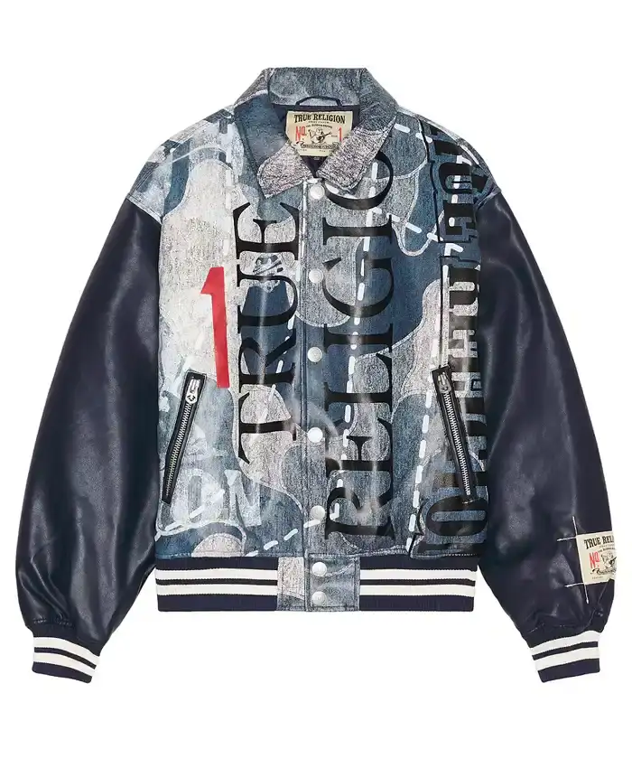 True Religion No. 1 Logo Denim Print Bomber Jacket