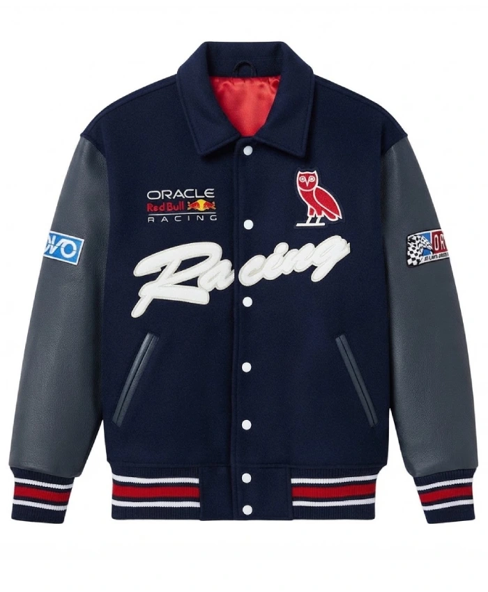 OVO X RedBull Navy Leather Sleeves Varsity Bomber Jacket