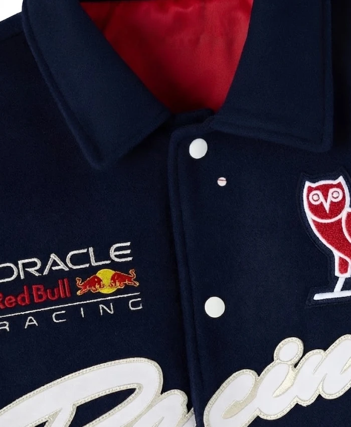 OVO X RedBull Navy Wool with Leather Sleeves Bomber Jacket