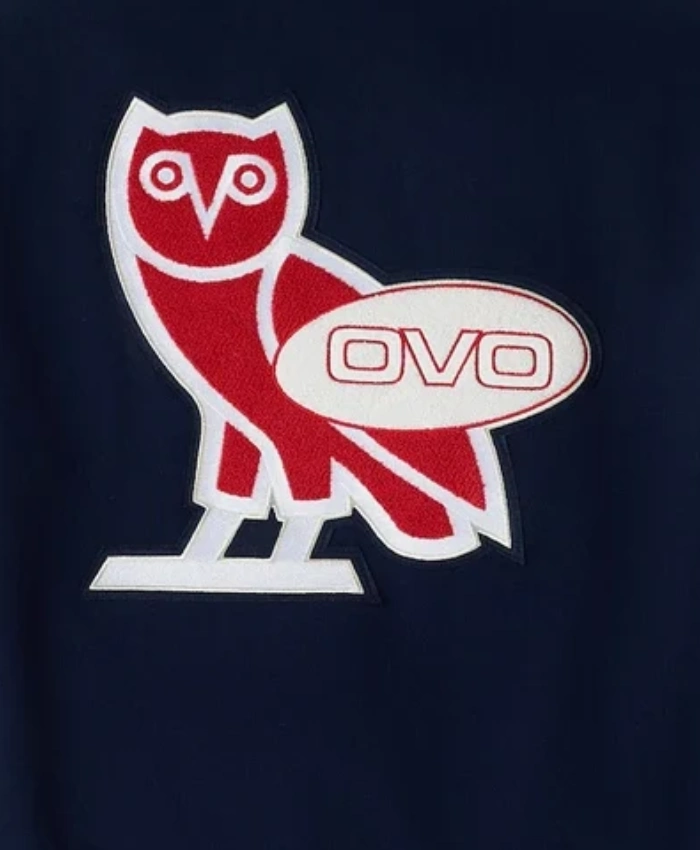 OVO X RedBull Navy Wool with Leather Sleeves Varsity Bomber Jacket
