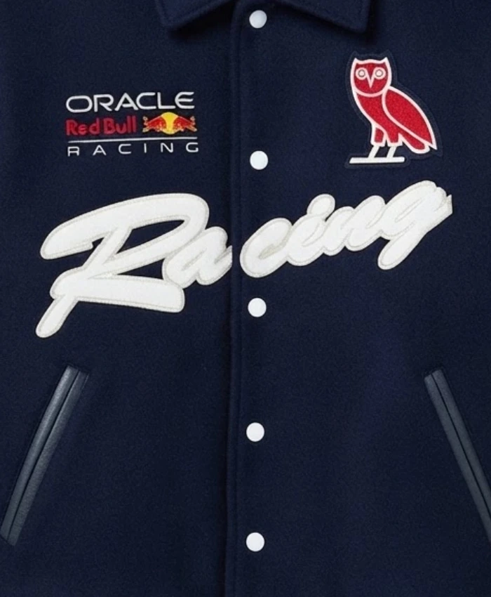 OVO X RedBull Navy Wool with Leather Sleeves Varsity Jacket