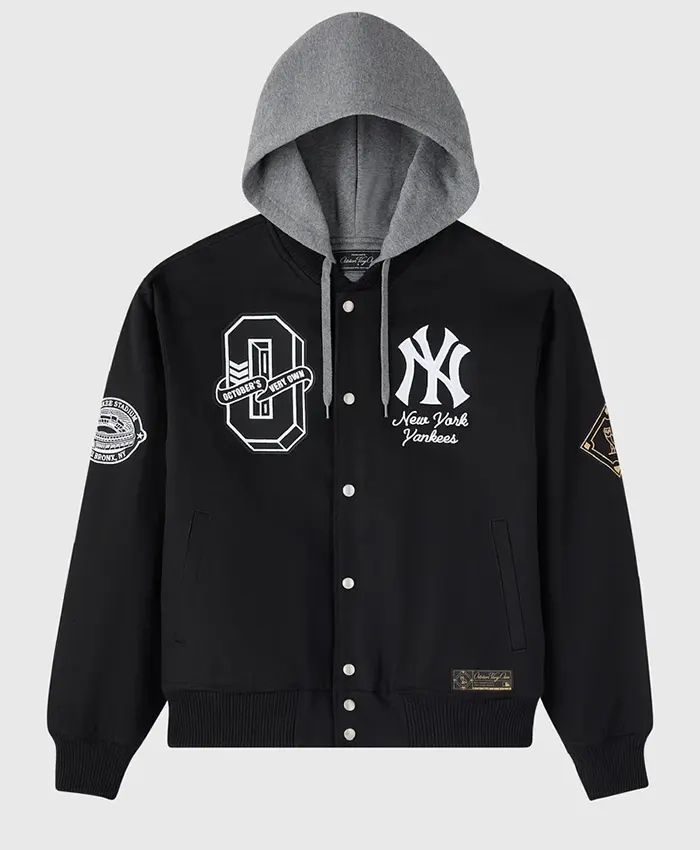 OVO x MLB 2026 New York Yankees Black Insulated Cotton Twill Hooded Jacket