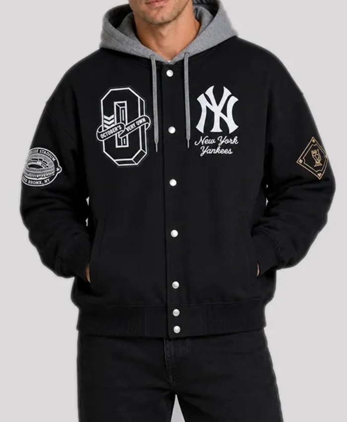 OVO x MLB New York Yankees Black Insulated Cotton Twill Hooded Bomber Jacket