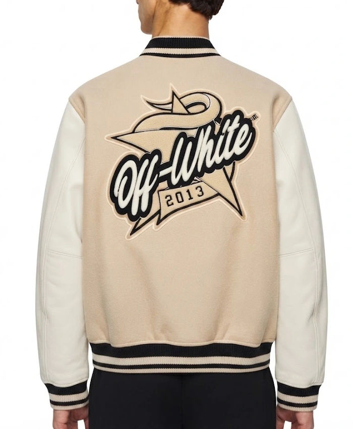Off White Star Logo Wool with Leather Sleeves Varsity Jacket On Sale