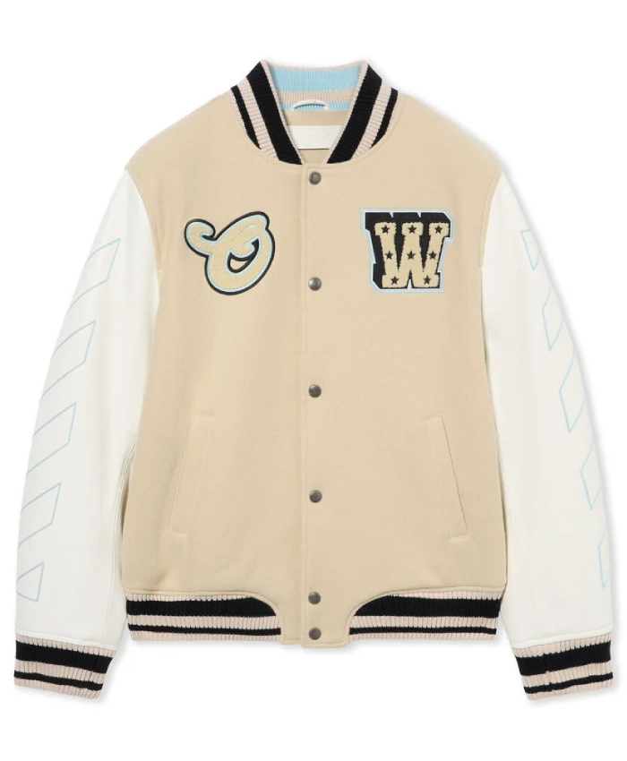 Off White Star LogoLeather Sleeves Varsity Jacket