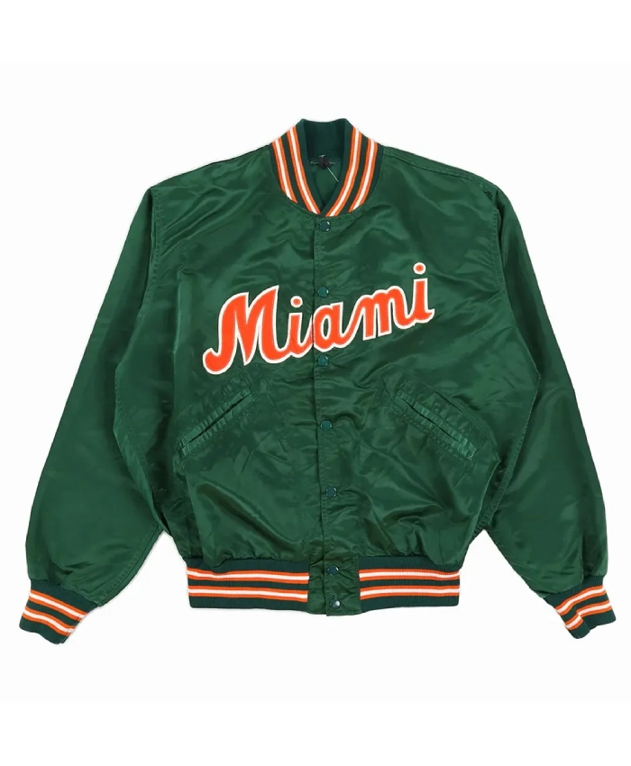 Order Miami Hurricanes 80s Green Satin Varsity Jacket On Sale
