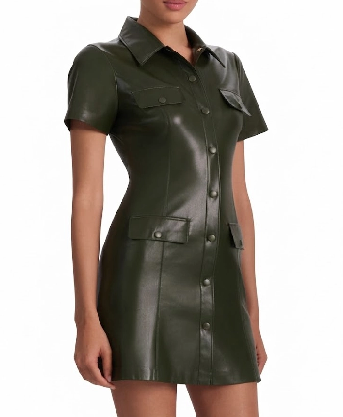 Paige Herschell General Hospital Jacinda Bracken Green Leather Short Sleeve Mini Dress